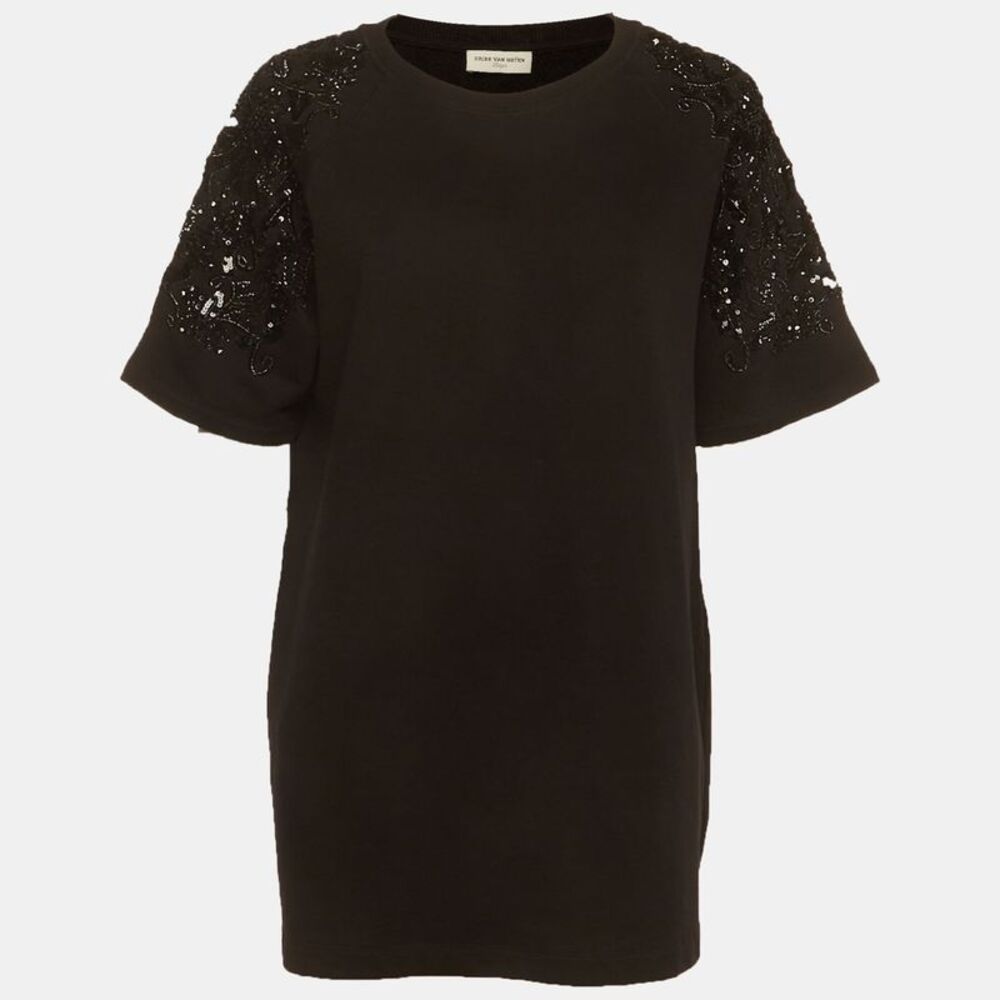 Dries Van Noten Black Sequins Embellished French Terry Knit T-Shirt L